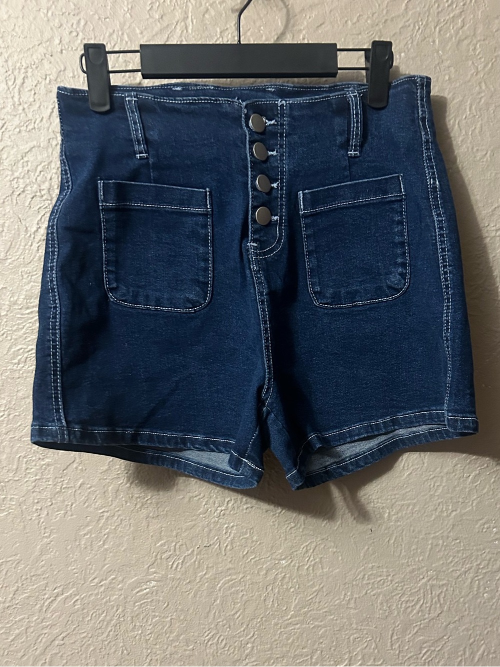High-Rise Dark Blue Denim Button-Front Jean Shorts